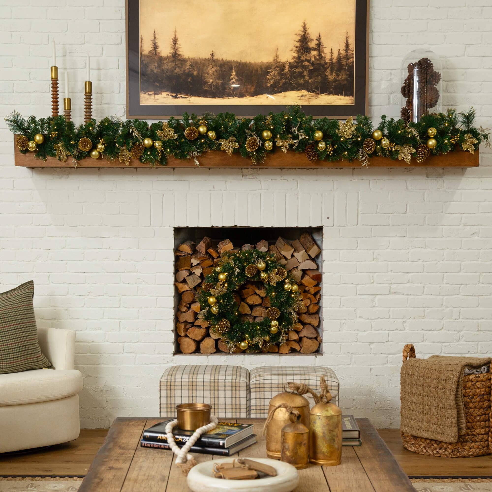 9ft. Pre-Lit Artificial Golden Frosted Christmas Garland with 50 Warm White LED Lights Pinecones, Berries and Ornaments